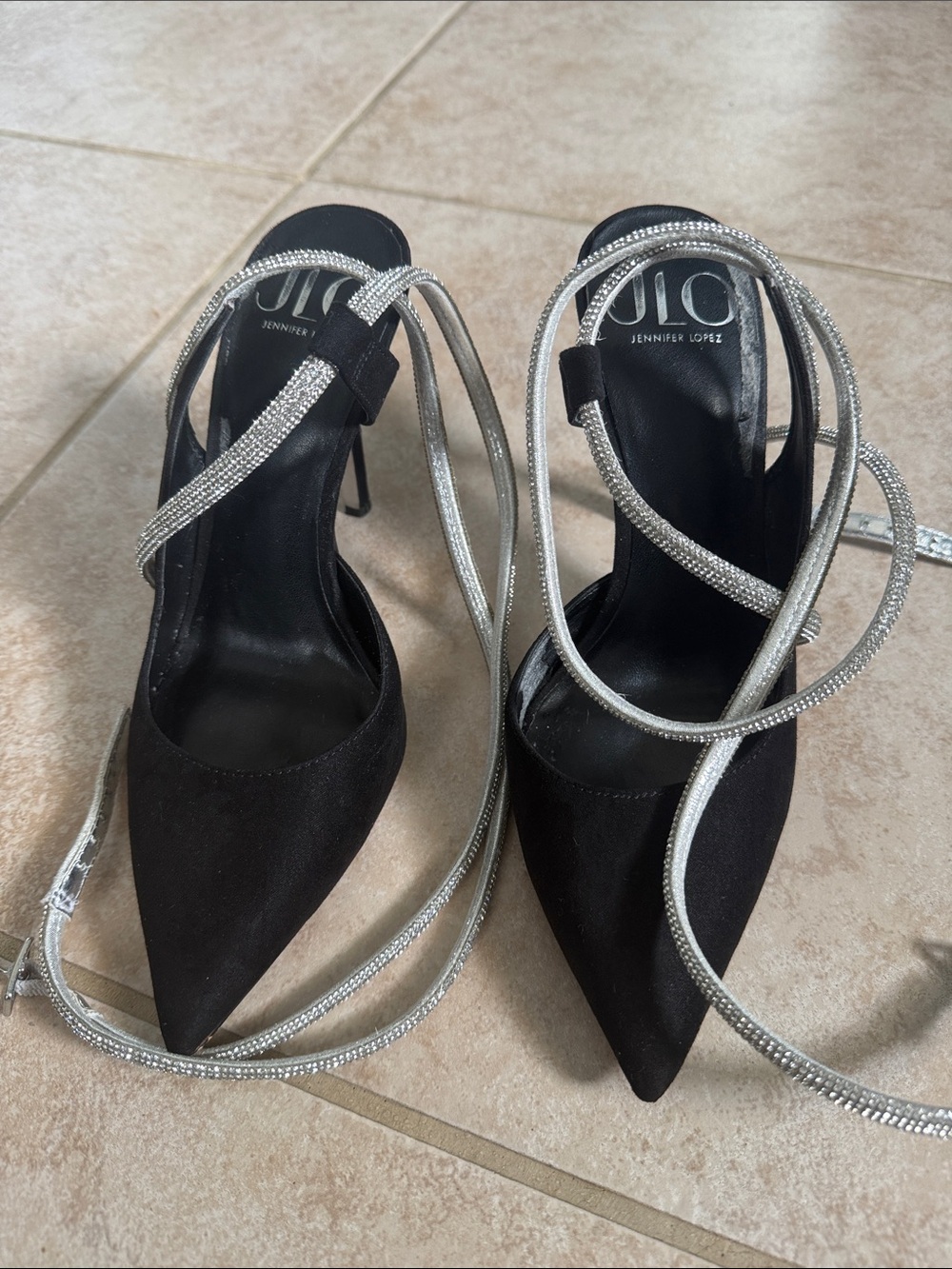 Jennifer Lopez Black Pointed-Toe Heels with Silver Rhinestone Wrap Straps